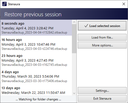 Screenshot of the "Restore previous session" dialog